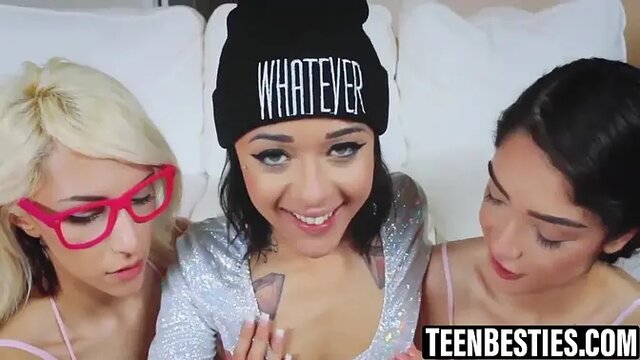 Teen babes take on a big dick in hardcore foursome