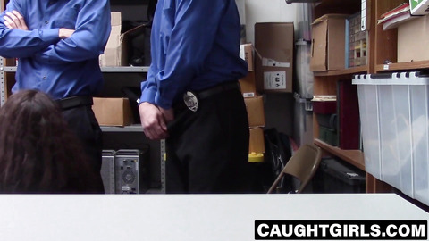 Teen servicing two guards for cum tasting fun