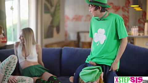 St Patricks Day had stepsis and her tight friend sucking and riding stepbros Leprechaun cock