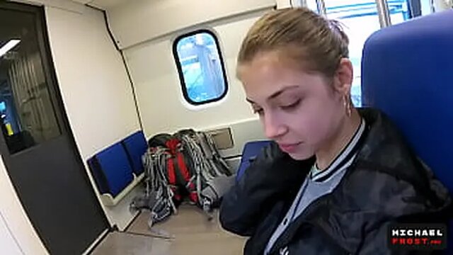 Shy teen brunette gives deepthroat blowjob on the train